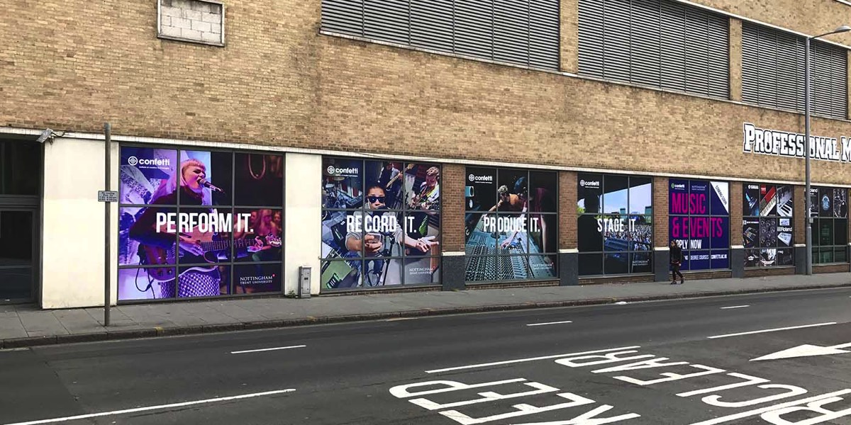 Great looking window signs printed & fitted for Confetti Media